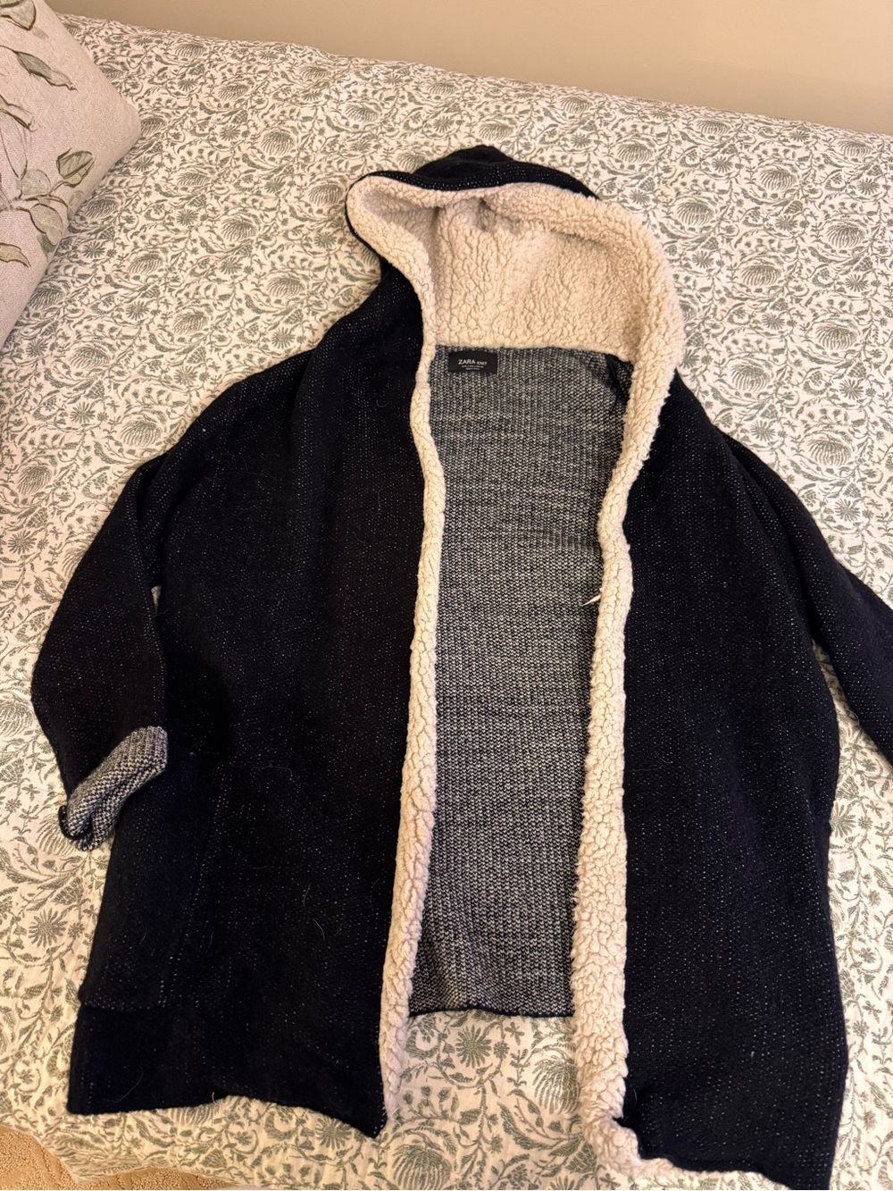 Zara Black Knit Hooded Cardigan with Cream Sherpa Lining